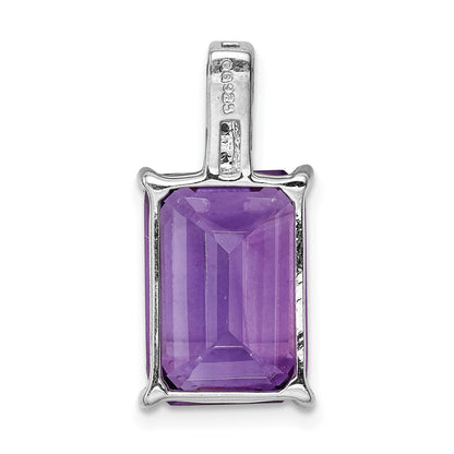 Sterling Silver Rhodium Emerald-cut Amethyst u0026 Diamond Pendant