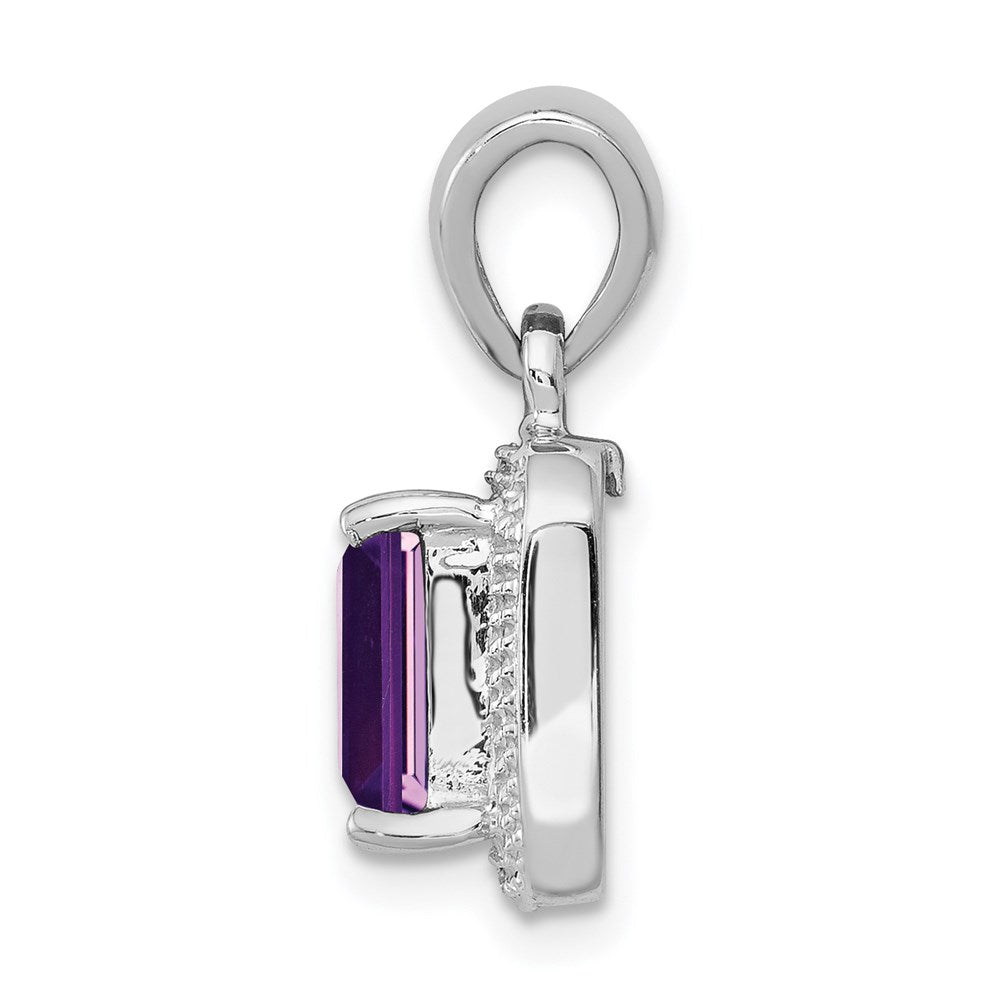 Sterling Silver Rhodium Emerald-cut Amethyst u0026 Diamond Pendant