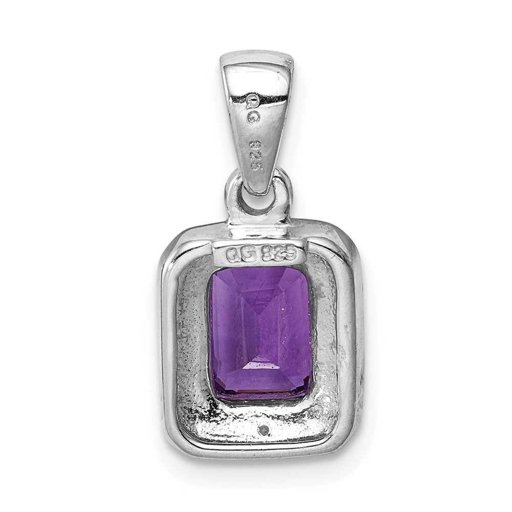 Sterling Silver Rhodium Emerald-cut Amethyst u0026 Diamond Pendant