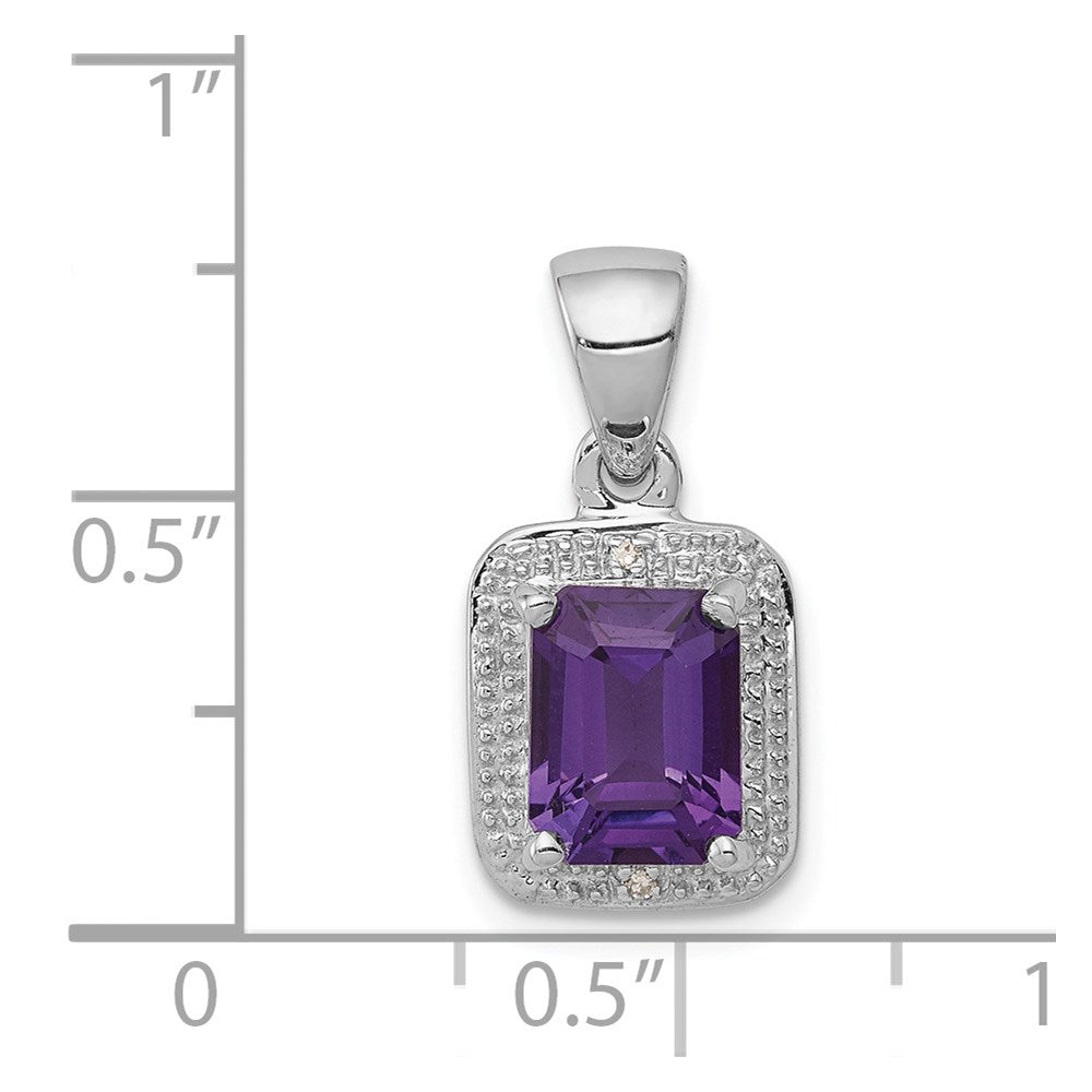Sterling Silver Rhodium Emerald-cut Amethyst u0026 Diamond Pendant