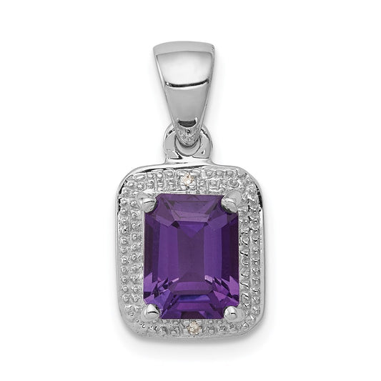 Sterling Silver Rhodium Emerald-cut Amethyst u0026 Diamond Pendant