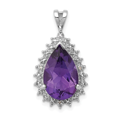 Sterling Silver Rhodium Amethyst u0026 Diamond Pear Pendant
