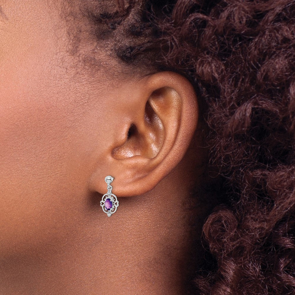 Sterling Silver Rhodium Plated Amethyst and Diamond Post Earrings