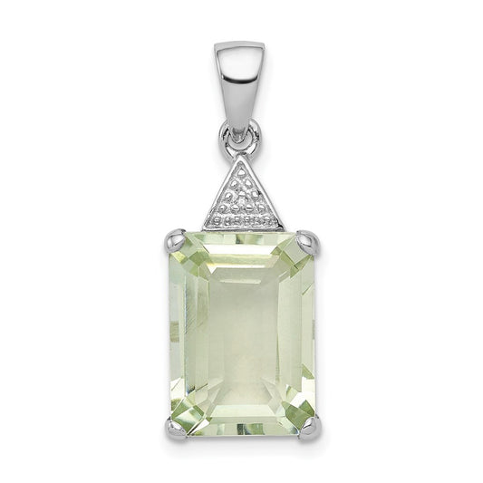 Sterling Silver Rhodium Emerald-cut Green Quartz u0026 Diamond Pendant