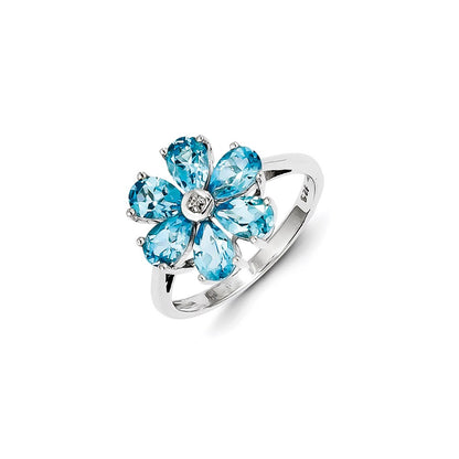 Sterling Silver Rhodium Lt Swiss Blue Topaz u0026 Diamond Flower Ring