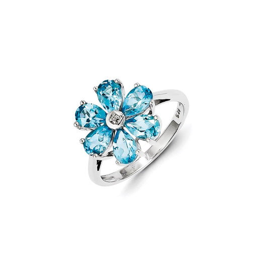Sterling Silver Rhodium Lt Swiss Blue Topaz u0026 Diamond Flower Ring