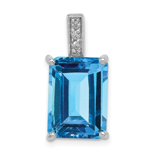 Sterling Silver Rhodium Emerald-cut Swiss Blue Topaz u0026 Diamond Pendant