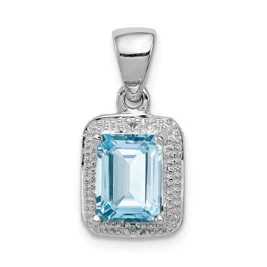 Sterling Silver Rhodium Emerald-cut Lt Sw Blue Topaz u0026 Diamond Pendant