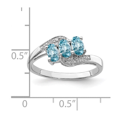 Sterling Silver Rhodium 3 Stone Light Swiss Blue Topaz u0026 Diamond Ring