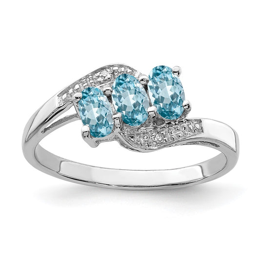 Sterling Silver Rhodium 3 Stone Light Swiss Blue Topaz u0026 Diamond Ring