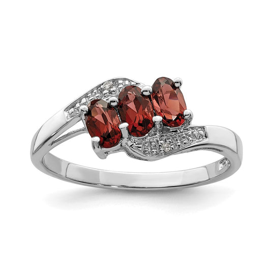 Sterling Silver Rhodium-plated 3 Stone Garnet u0026 Diamond Ring
