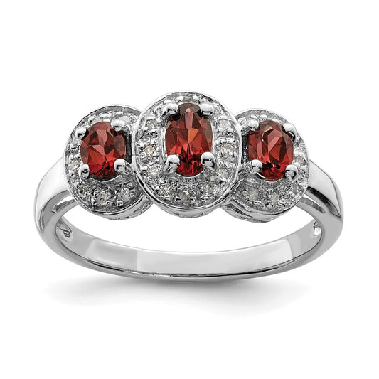 Sterling Silver Rhodium-plated 3 Stone Garnet u0026 Diamond Ring