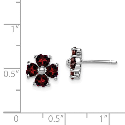Sterling Silver Rhodium Plated Garnet Flower Post Earrings