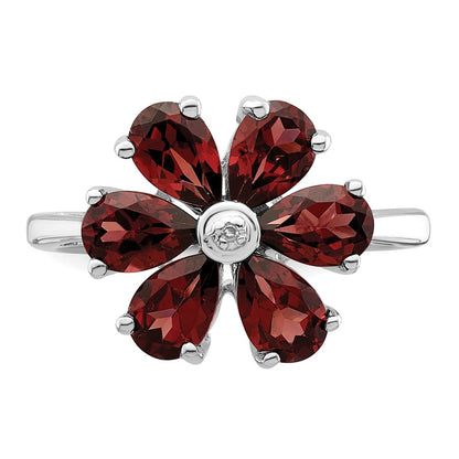 Sterling Silver Rhodium Garnet u0026 Diamond Flower Ring
