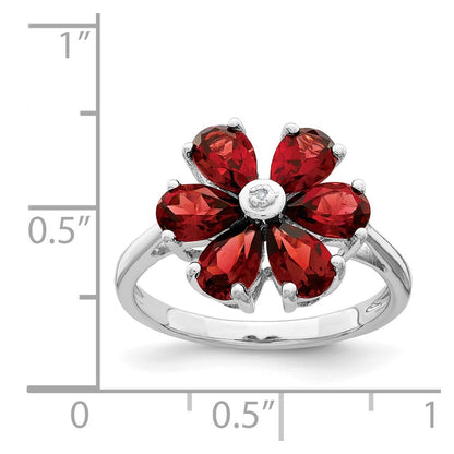 Sterling Silver Rhodium Garnet u0026 Diamond Flower Ring