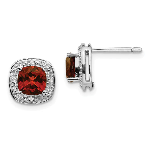 Sterling Silver Rhodium Plated Garnet and Diamond Post Earrings