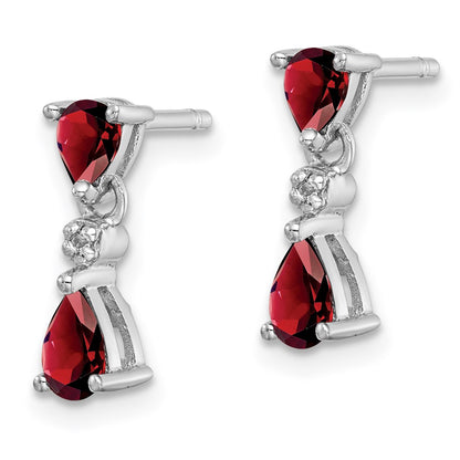 Sterling Silver Rhodium Pear Garnet and Diamond Post Earrings