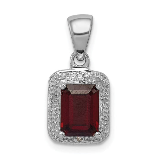 Sterling Silver Rhodium Emerald-cut Garnet u0026 Diamond Pendant
