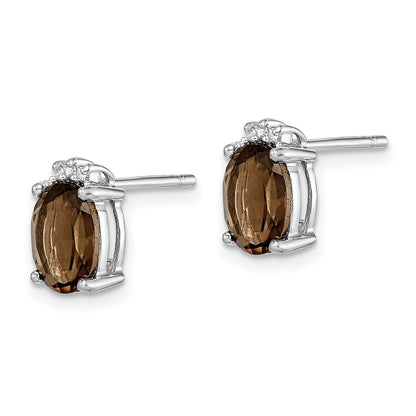 Sterling Silver Rhodium Plated Oval Smoky Quartz Diamond Post Earrings