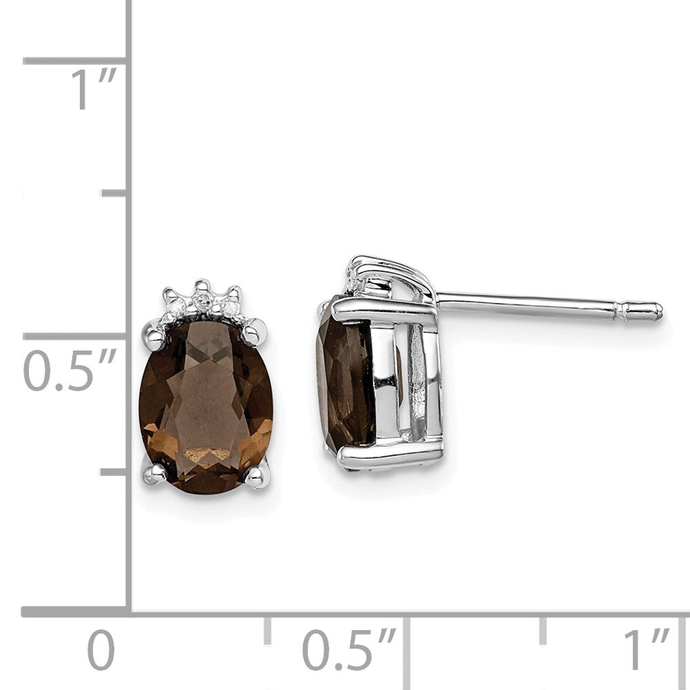 Sterling Silver Rhodium Plated Oval Smoky Quartz Diamond Post Earrings