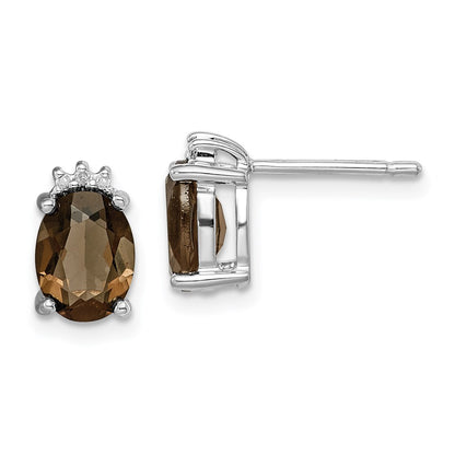 Sterling Silver Rhodium Plated Oval Smoky Quartz Diamond Post Earrings