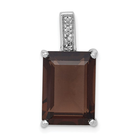 Sterling Silver Rhodium Emerald-cut Smoky Quartz u0026 Diamond Pendant