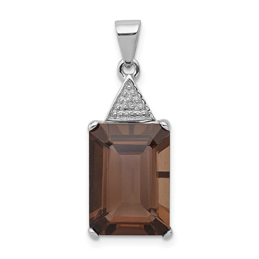 Sterling Silver Rhodium Emerald-cut Smoky Quartz u0026 Diamond Pendant