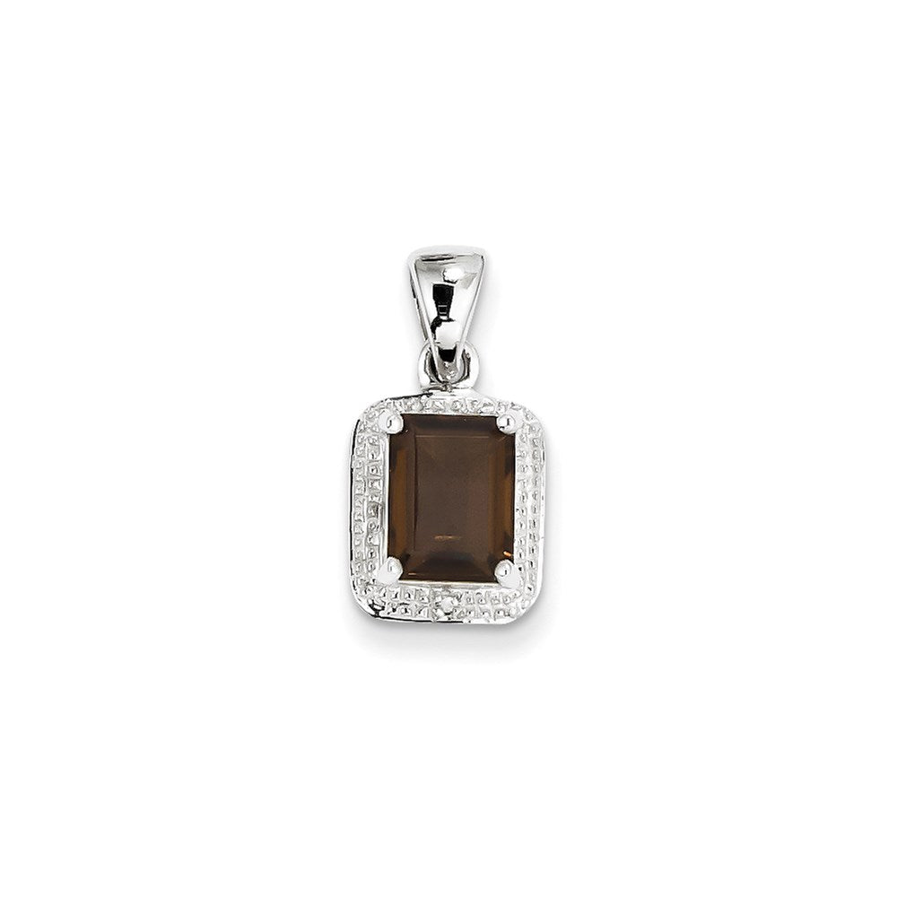 Sterling Silver Rhodium Emerald-cut Smoky Qtz u0026 Diamond Pendant