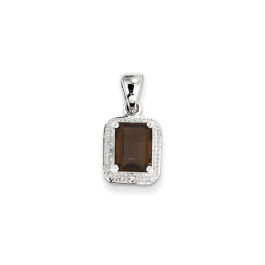 Sterling Silver Rhodium Emerald-cut Smoky Qtz u0026 Diamond Pendant