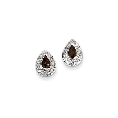 Sterling Silver Rhodium Plated Smoky Quartz Diamond Post Earrings