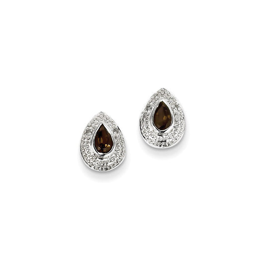 Sterling Silver Rhodium Plated Smoky Quartz Diamond Post Earrings