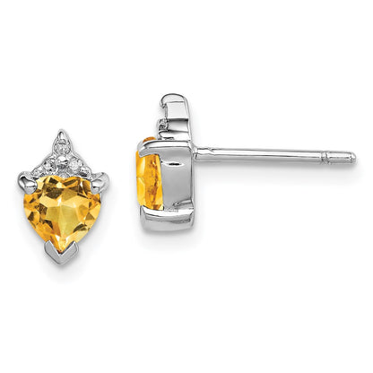Sterling Silver Rhodium Heart Citrine u0026 Diamond Post Earrings
