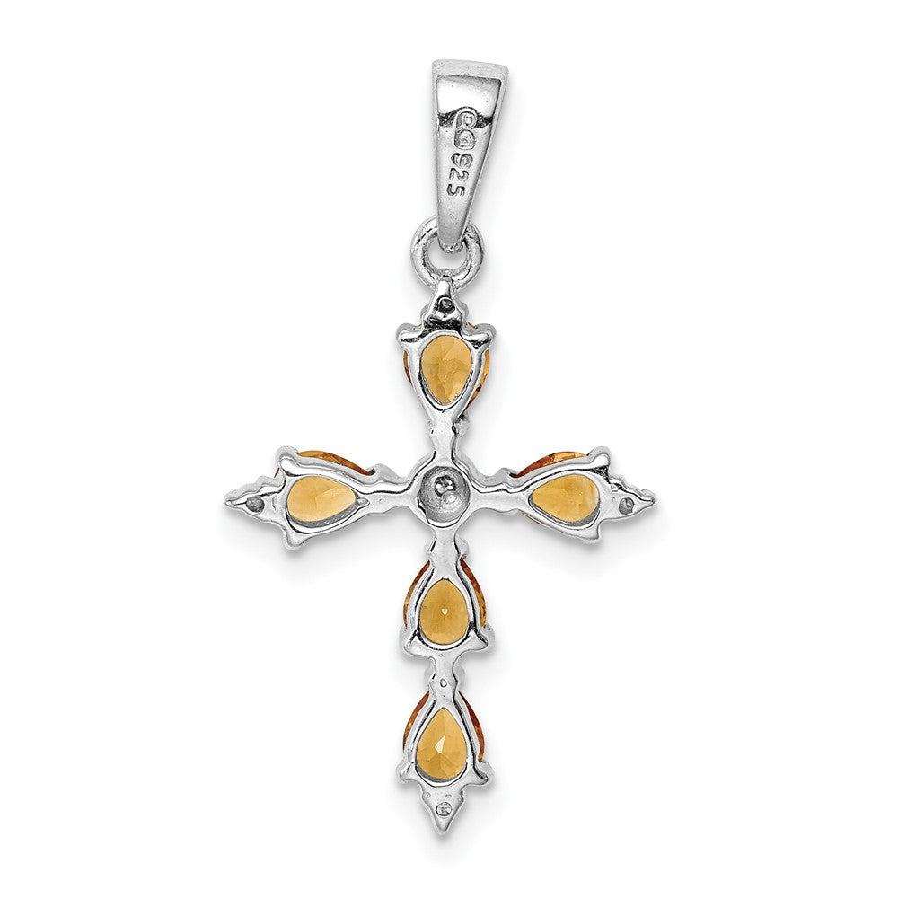 Sterling Silver Rhodium Pear Citrine Cross Pendant