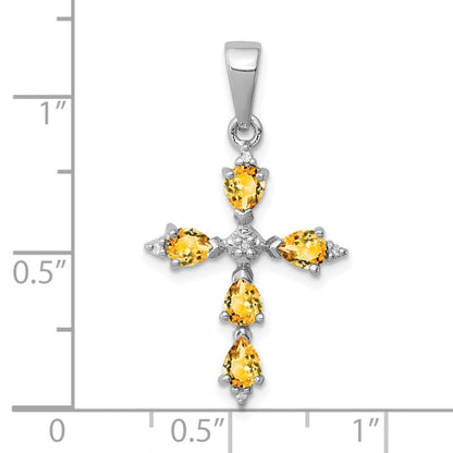 Sterling Silver Rhodium Pear Citrine Cross Pendant