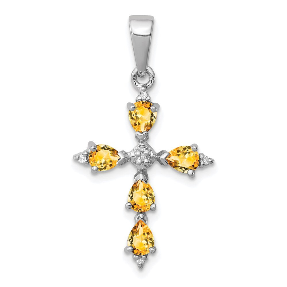 Sterling Silver Rhodium Pear Citrine Cross Pendant