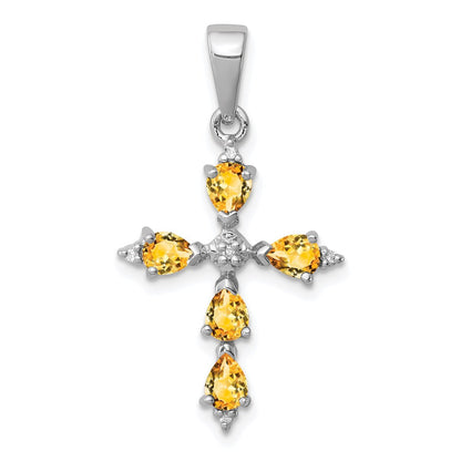 Sterling Silver Rhodium Pear Citrine Cross Pendant