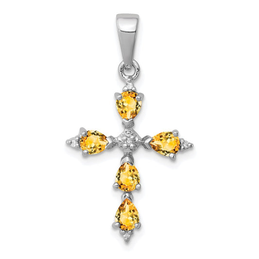 Sterling Silver Rhodium Pear Citrine Cross Pendant