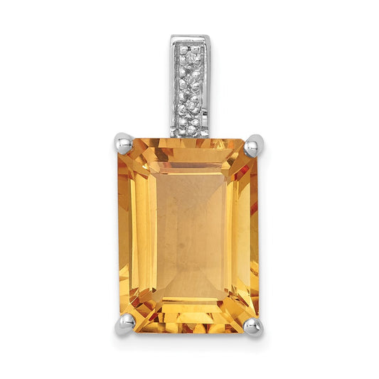 Sterling Silver Rhodium Emerald-cut Citrine u0026 Diamond Pendant