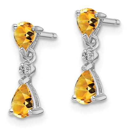 Sterling Silver Rhodium Pear Citrine u0026 Diamond Post Earrings