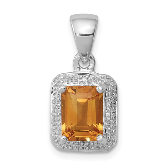 Sterling Silver Rhodium Emerald-cut Citrine u0026 Diamond Pendant