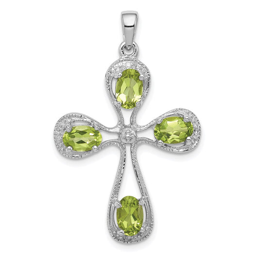 Sterling Silver Rhodium Peridot u0026 Diamond Cross Pendant