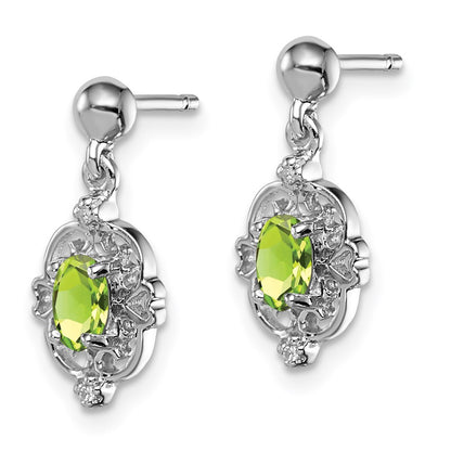 Sterling Silver Rhodium Plated Pear Peridot and Diamond Post Earrings