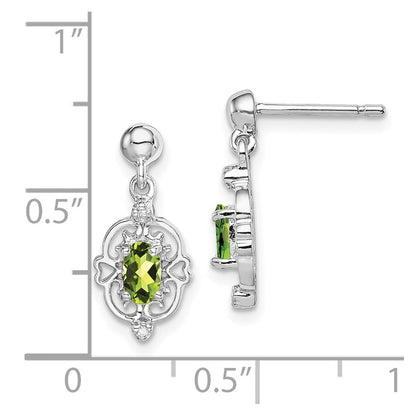 Sterling Silver Rhodium Plated Pear Peridot and Diamond Post Earrings