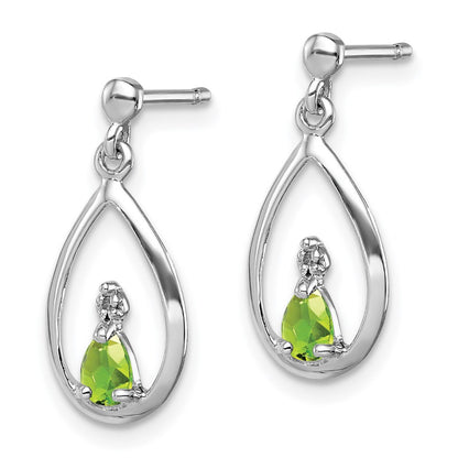 Sterling Silver Rhodium Plated Pear Peridot and Diamond Post Earrings