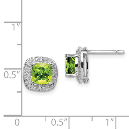Sterling Silver Rhodium Plated Peridot and Diamond Post Earrings