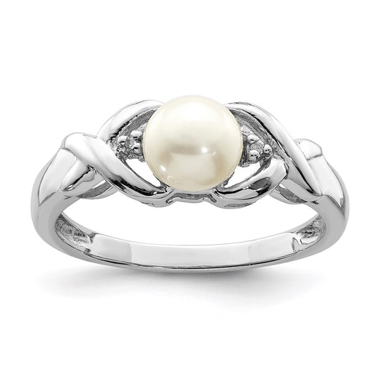Sterling Silver Rhodium FW Cultured Button Pearl u0026 Diamond Ring