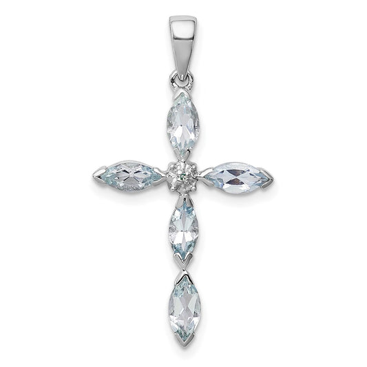 Sterling Silver Rhodium Aqua u0026 Diamond Cross Pendant