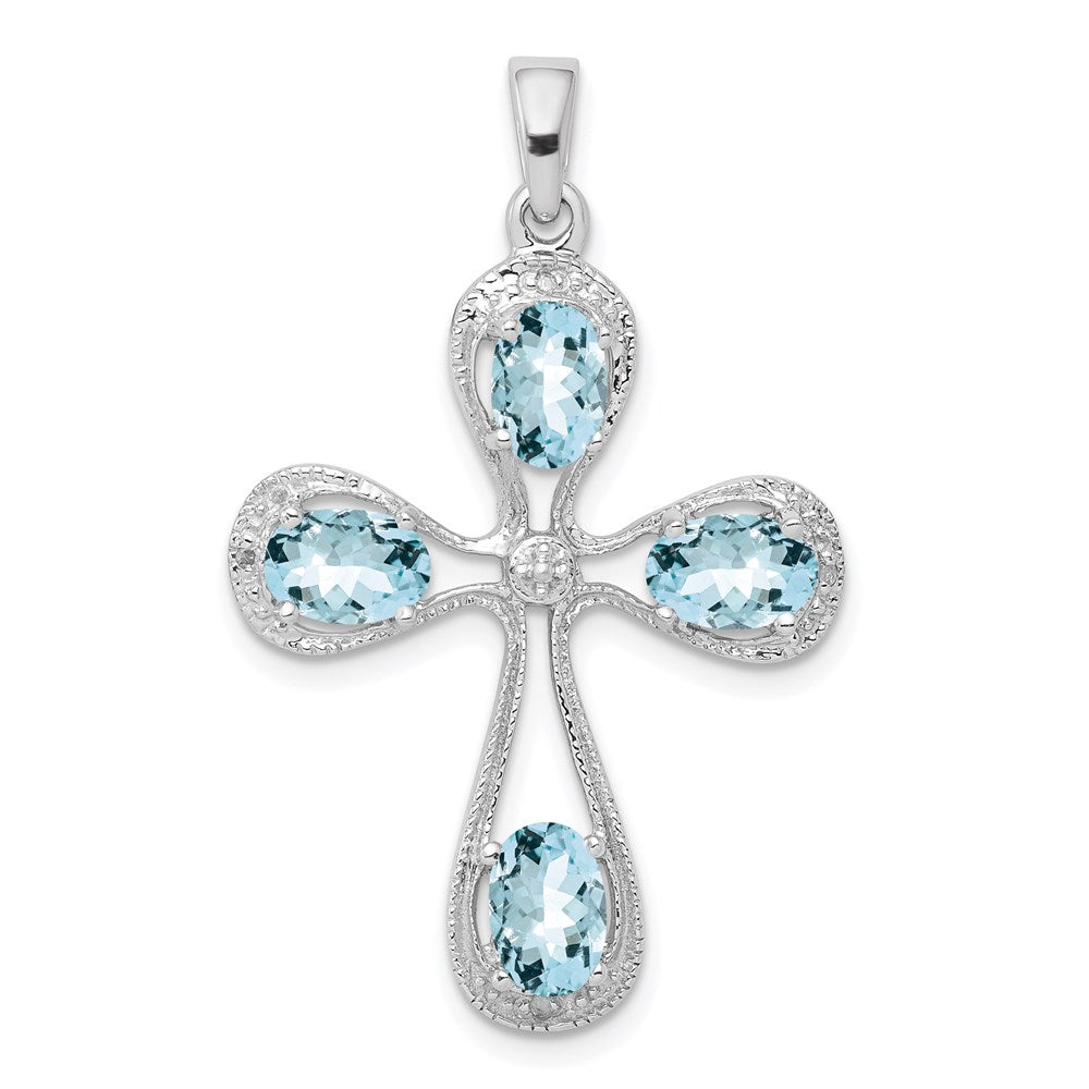 Sterling Silver Rhodium-plated Aquamarine u0026 Diamond Cross Pendant