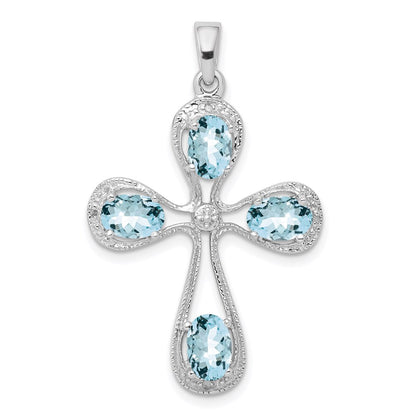 Sterling Silver Rhodium-plated Aquamarine u0026 Diamond Cross Pendant