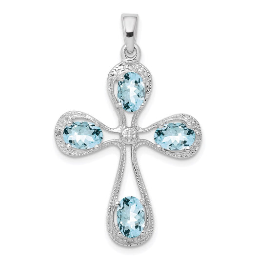 Sterling Silver Rhodium-plated Aquamarine u0026 Diamond Cross Pendant